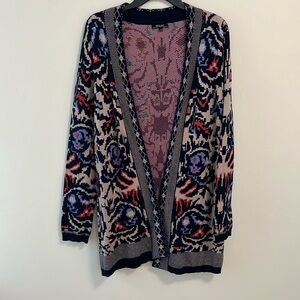 Renuar cardigan sweater woman’s Large multicolor azetec print open front knit